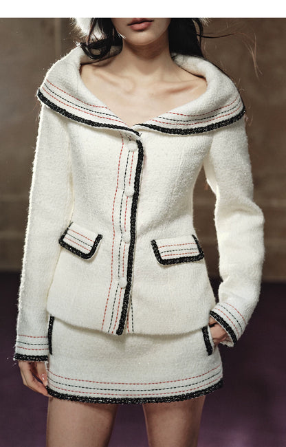 Oversized-Collar Jacket &amp; A-Line Mini Skirt Set