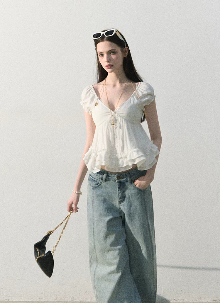 Ripple Romance Linen Blend Puff Sleeve Shirt
