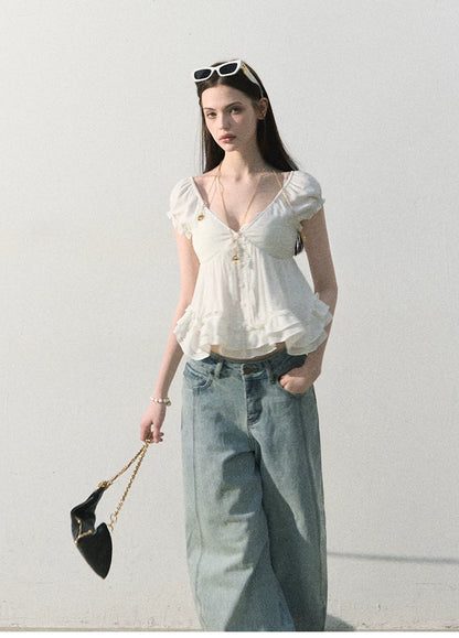 Ripple Romance Linen Blend Puff Sleeve Shirt