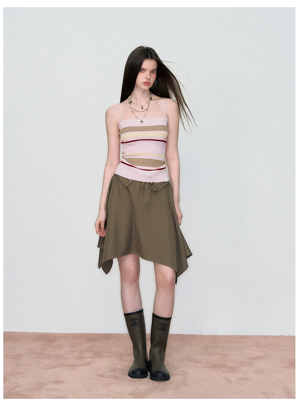 Knit Cardigan &amp; Striped Camisole Two-Piece Set