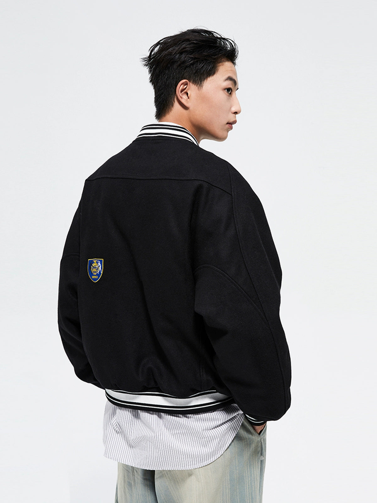 Black Vintage Heavy Wool Baseball Jacket