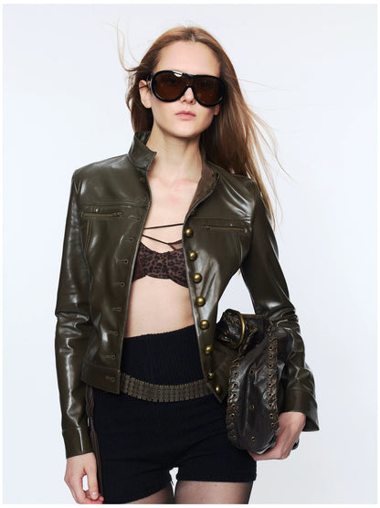 Punk Metal Button Waist-Cinched Faux Leather Jacket