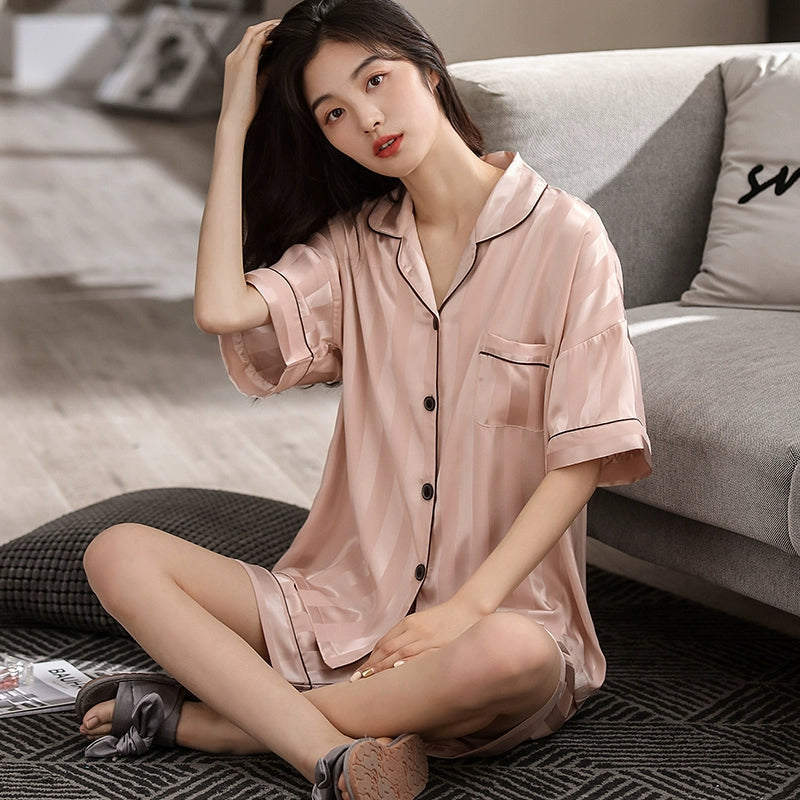 Ice Silk Thin Short-sleeve Cardigan Pajama Set