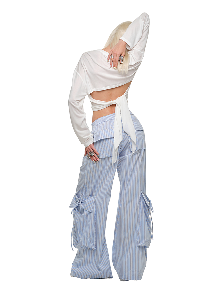 Blue &amp; White Wide-Leg Utility Pants