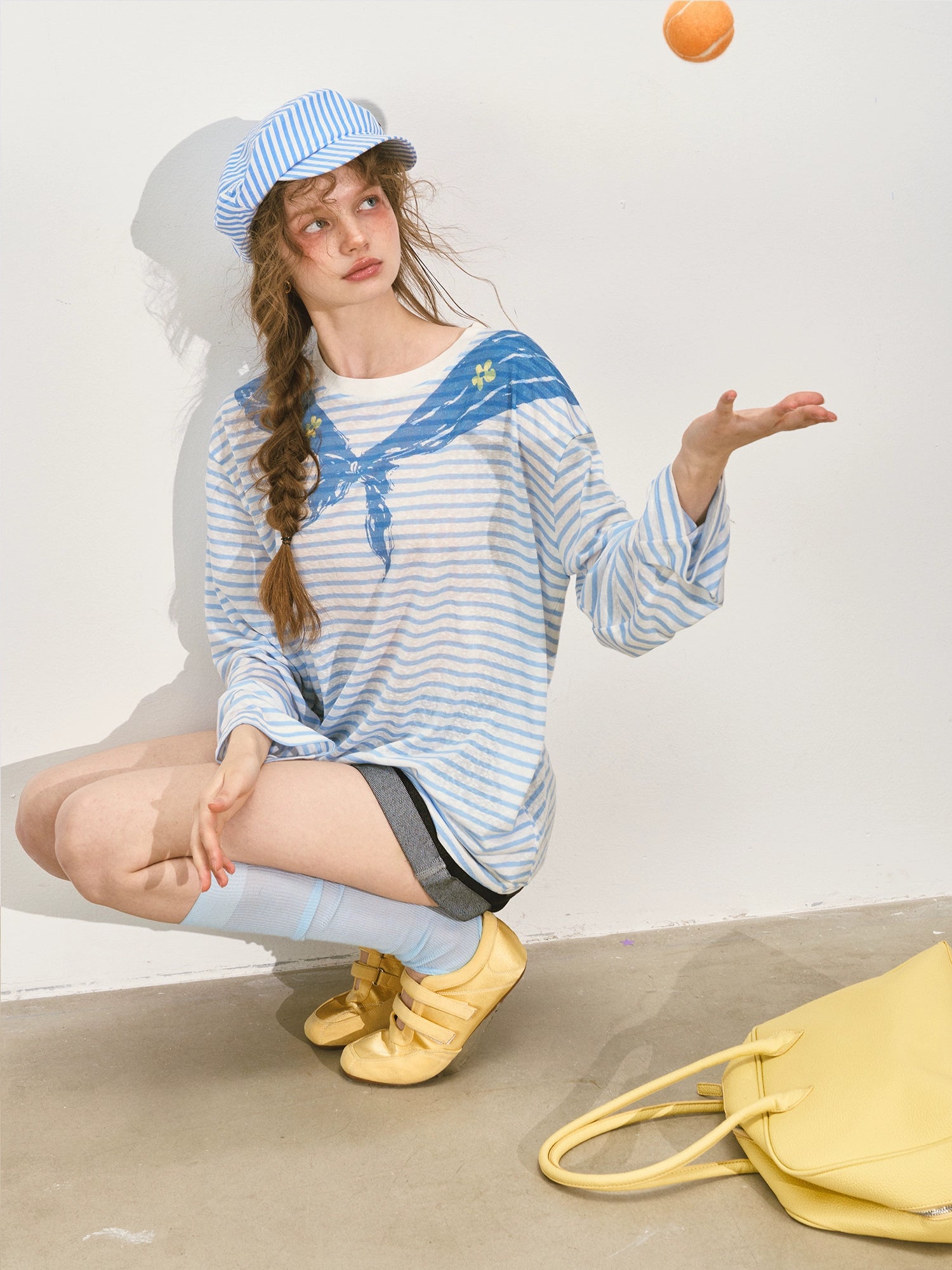 Navy Collar Printed Striped Long-Sleeve T-Shirt - CHINASQUAD