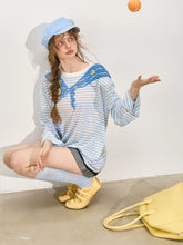 Navy Collar Printed Striped Long-Sleeve T-Shirt - CHINASQUAD