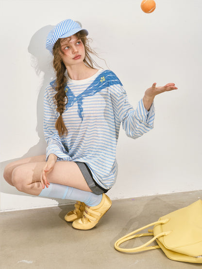 Navy Collar Printed Striped Long-Sleeve T-Shirt - CHINASQUAD
