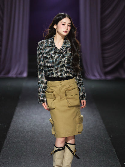 Khaki Utility Pocket Structured Midi Skirt