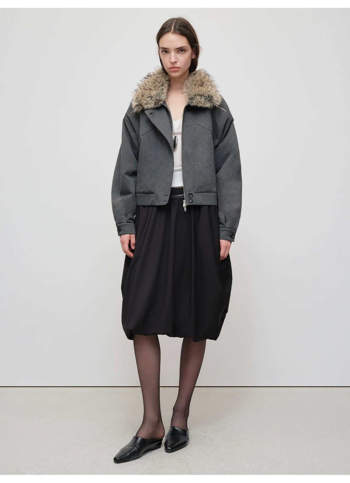 Detachable Fur Collar Knit Zip-Up Jacket