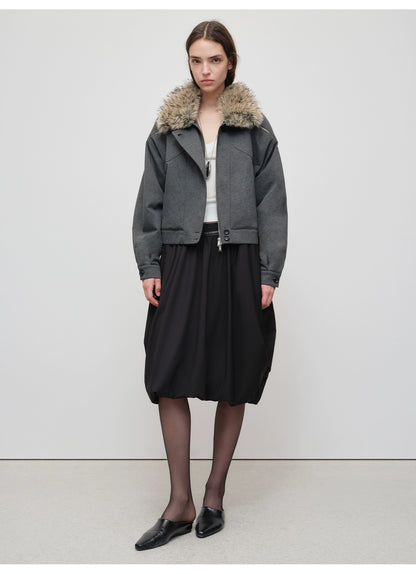 Detachable Fur Collar Knit Zip-Up Jacket