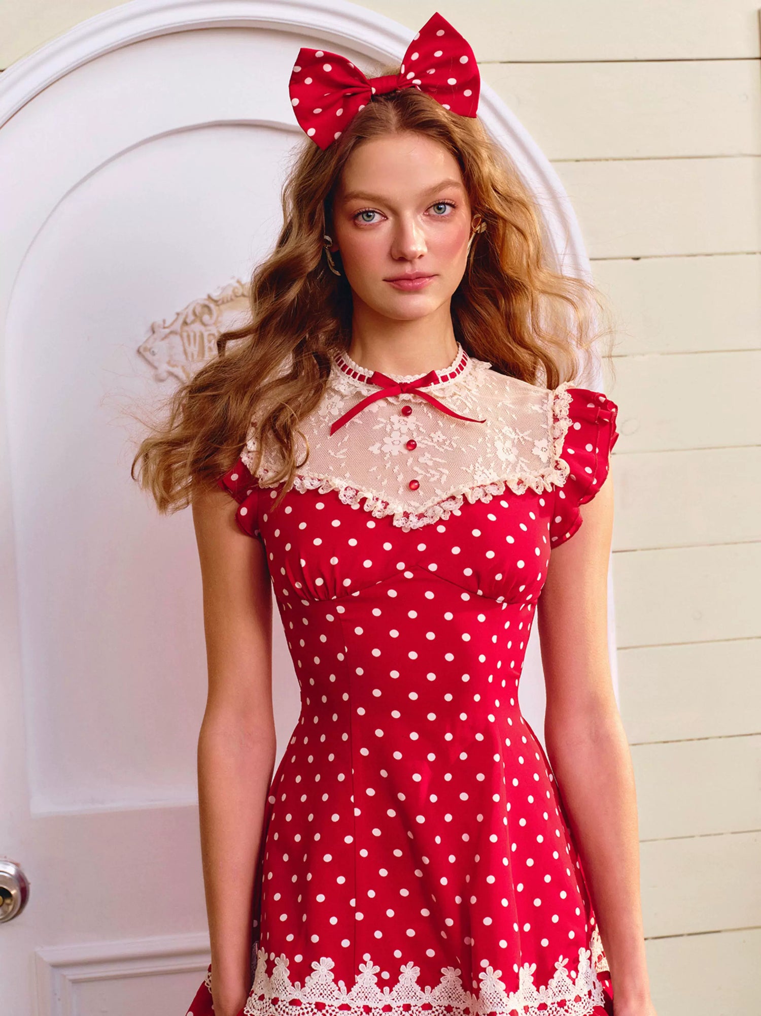 Red Sweet Collegiate Polka Dot Lace Dress Long Style / S