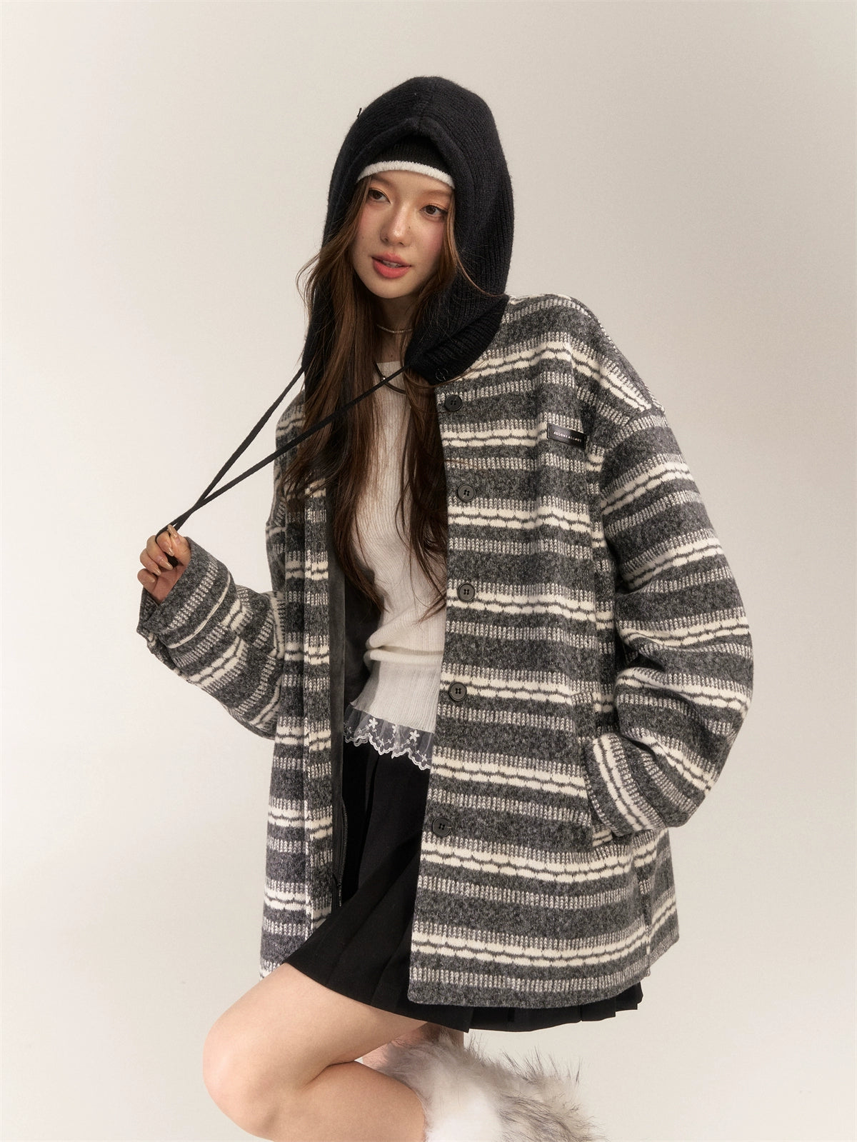 Striped Silver Fox Fur Hoodie Coat