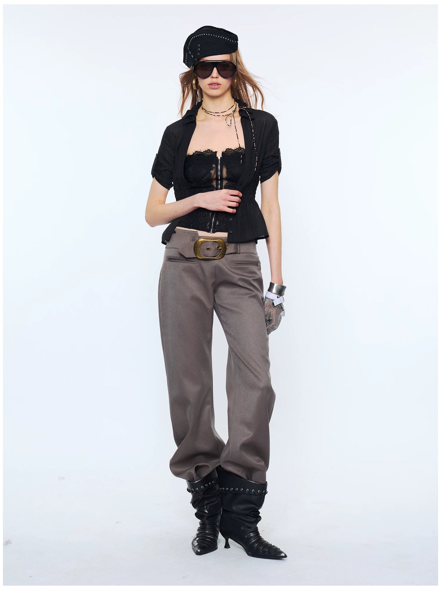 Contrast Lace Panel Two-Piece Shirt