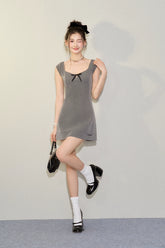 Grey Bow Tie U-neck Cinched Waist Dress - CHINASQUAD