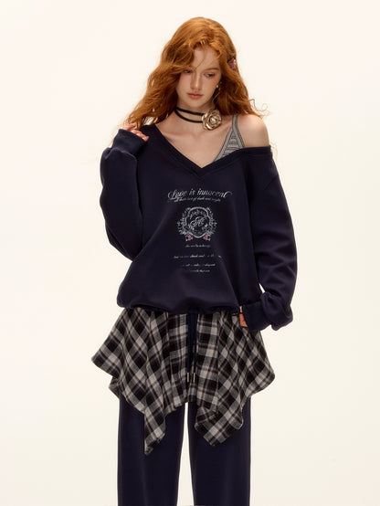 Asymmetric Shoulder Striped Fleece Tracksuit Set