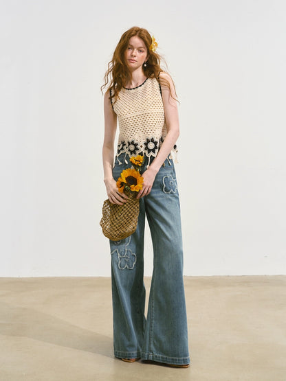 Sleeveless Fringe Flower Crochet Vest