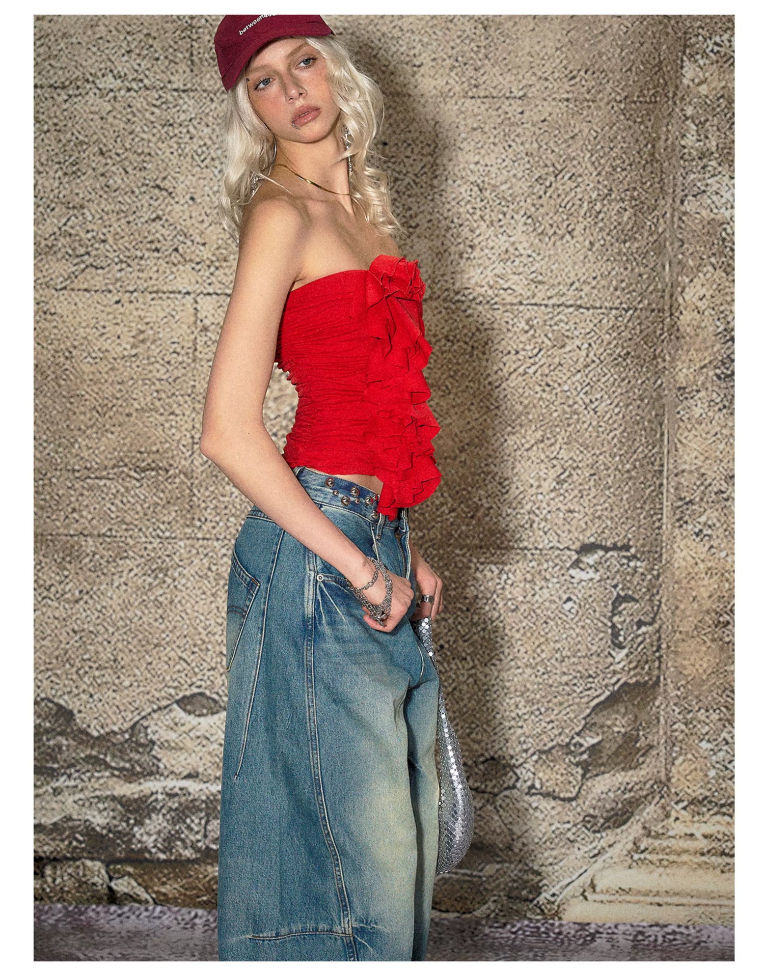 Red Floral Ruched Bandeau Crop T-shirt