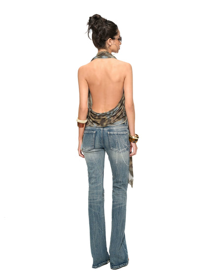 Leopard Drape-Front Backless Mesh Camisole