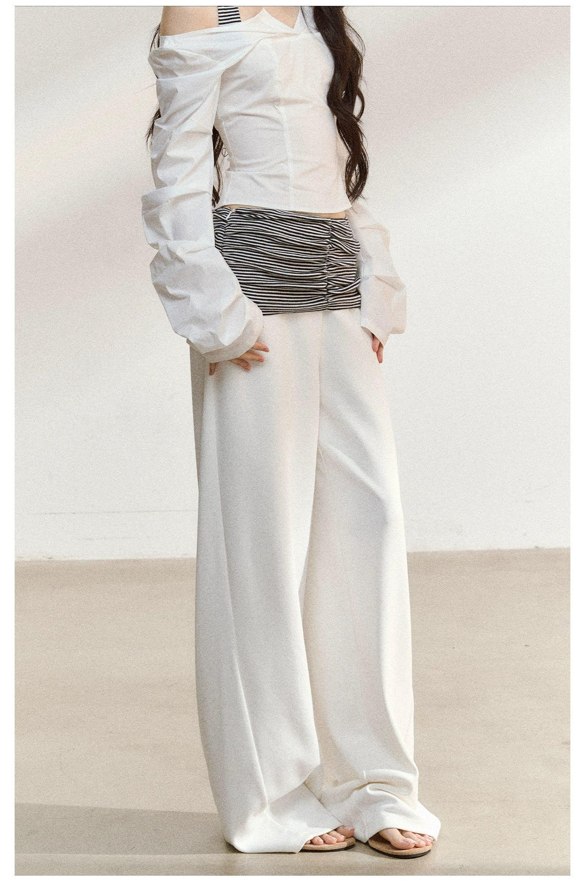Striped Waist Panel Relaxed Straight-Leg Trousers