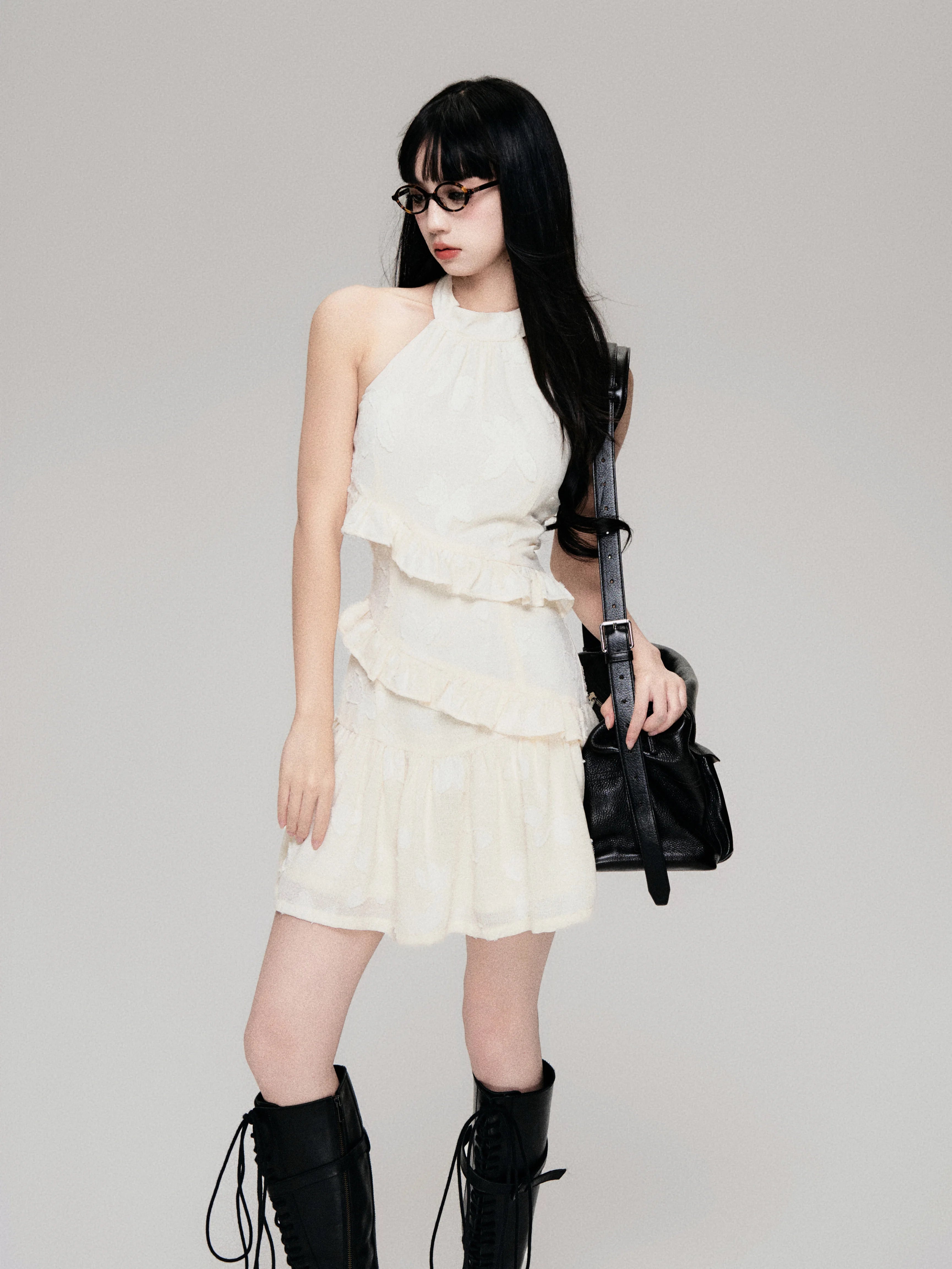 Textured Cut-Out Floral Halter Mini Dress