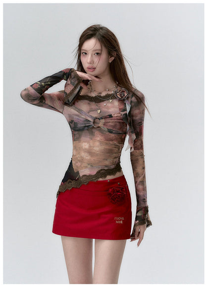 &quot;I LOVE ME&quot; Embroidered Rose Belt A-Line Mini Skirt - CHINASQUAD