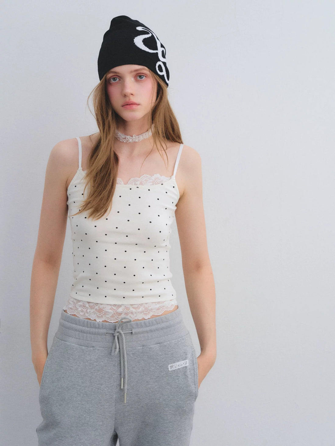 Lace Panel Polka Dot Cami Top