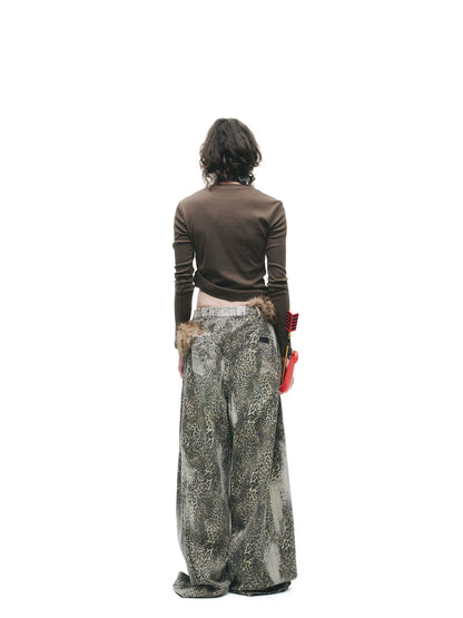 Vintage Washed Leopard Print Oversized Denim Jeans