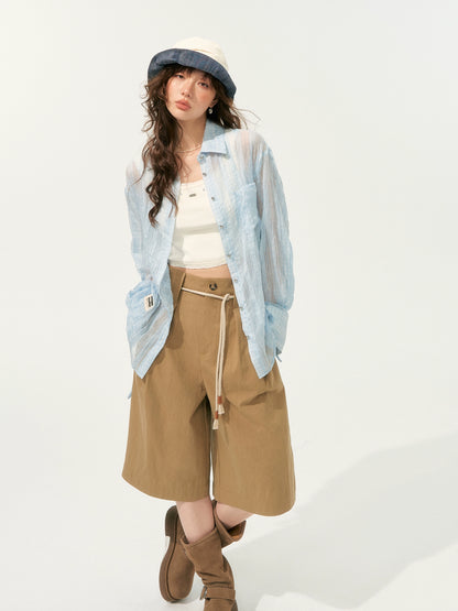 Khaki Simple 3D Pleated Shorts - CHINASQUAD