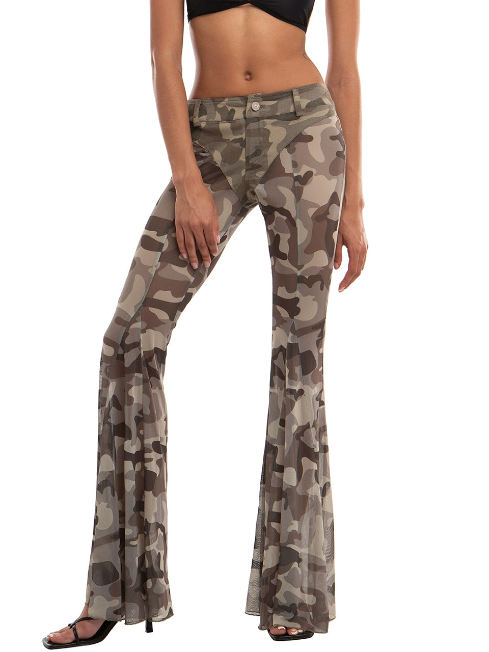 Camouflage Print Patchwork Mesh Flare Pants