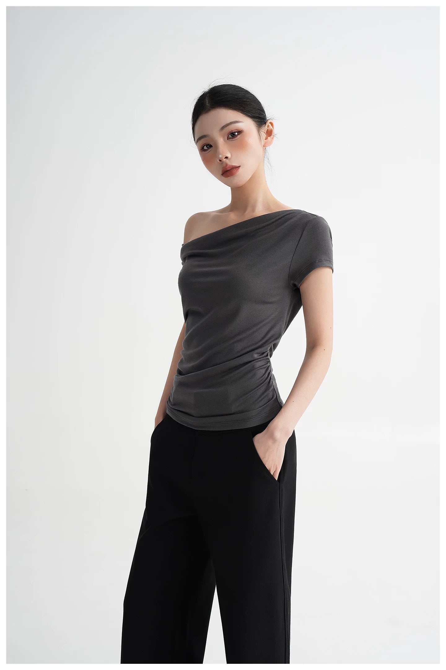 Draped Off-Shoulder Fitted Short Sleeve T-Shirt