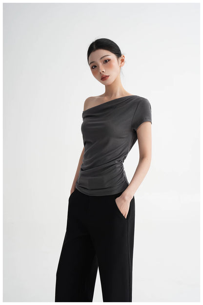 Draped Off-Shoulder Fitted Short Sleeve T-Shirt