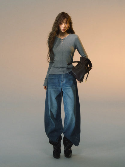 Striped Button-Up Knit Crewneck