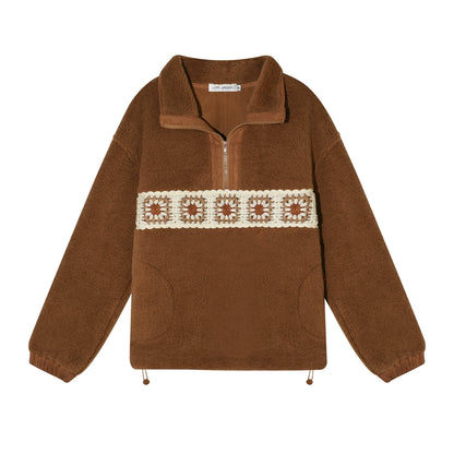 Patchwork Teddy Fleece Zip-Up Sweater