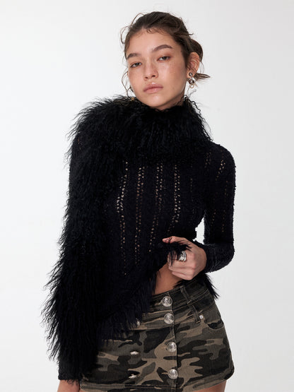 Cable-Knit Faux-Fur Trim Fitted Sweater
