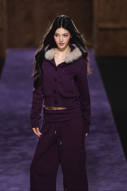 Faux Fur Hooded Cropped Hoodie &amp; Jogger Set