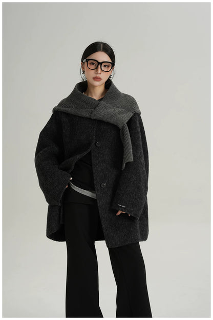 Knitted Hooded Scarf Mid-Length Wool Coat