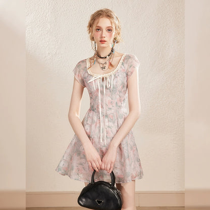 Pink Floral U-neck Lace Trim Dress