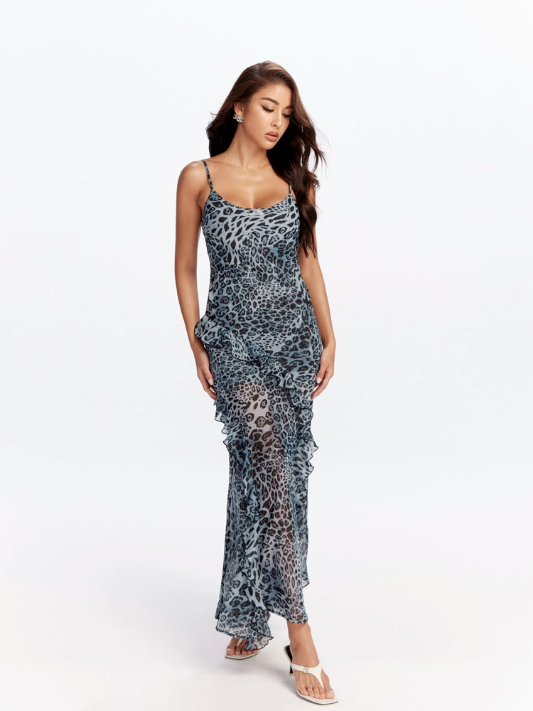 Blue Leopard Ruffle Maxi Dress