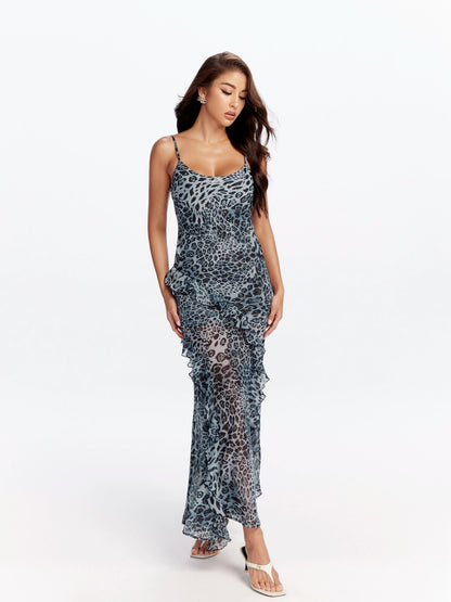 Blue Leopard Ruffle Maxi Dress