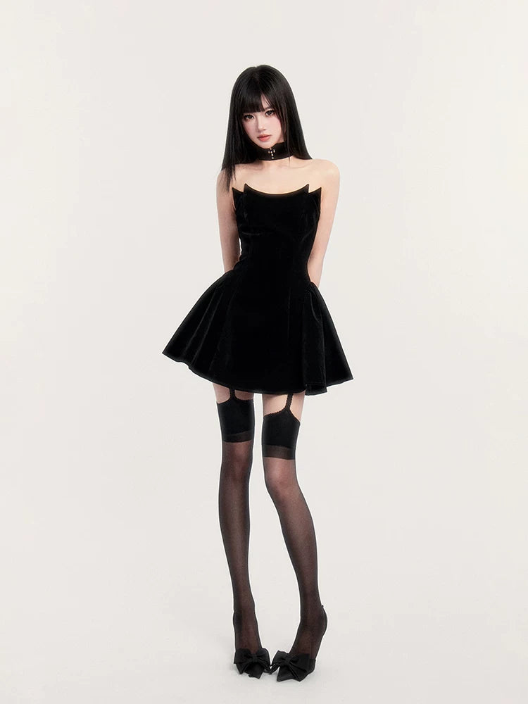 Devil’s Kiss Strapless Velvet Puff Dress