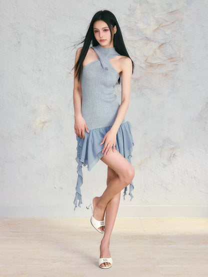 Blue Irregular Ruffled Mini Dress