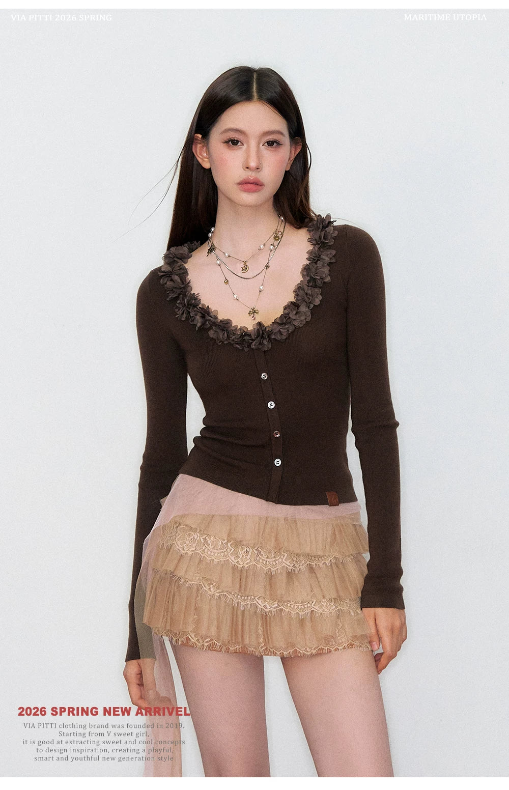 V-Neck Lace-Trim Fitted Knit Cardigan