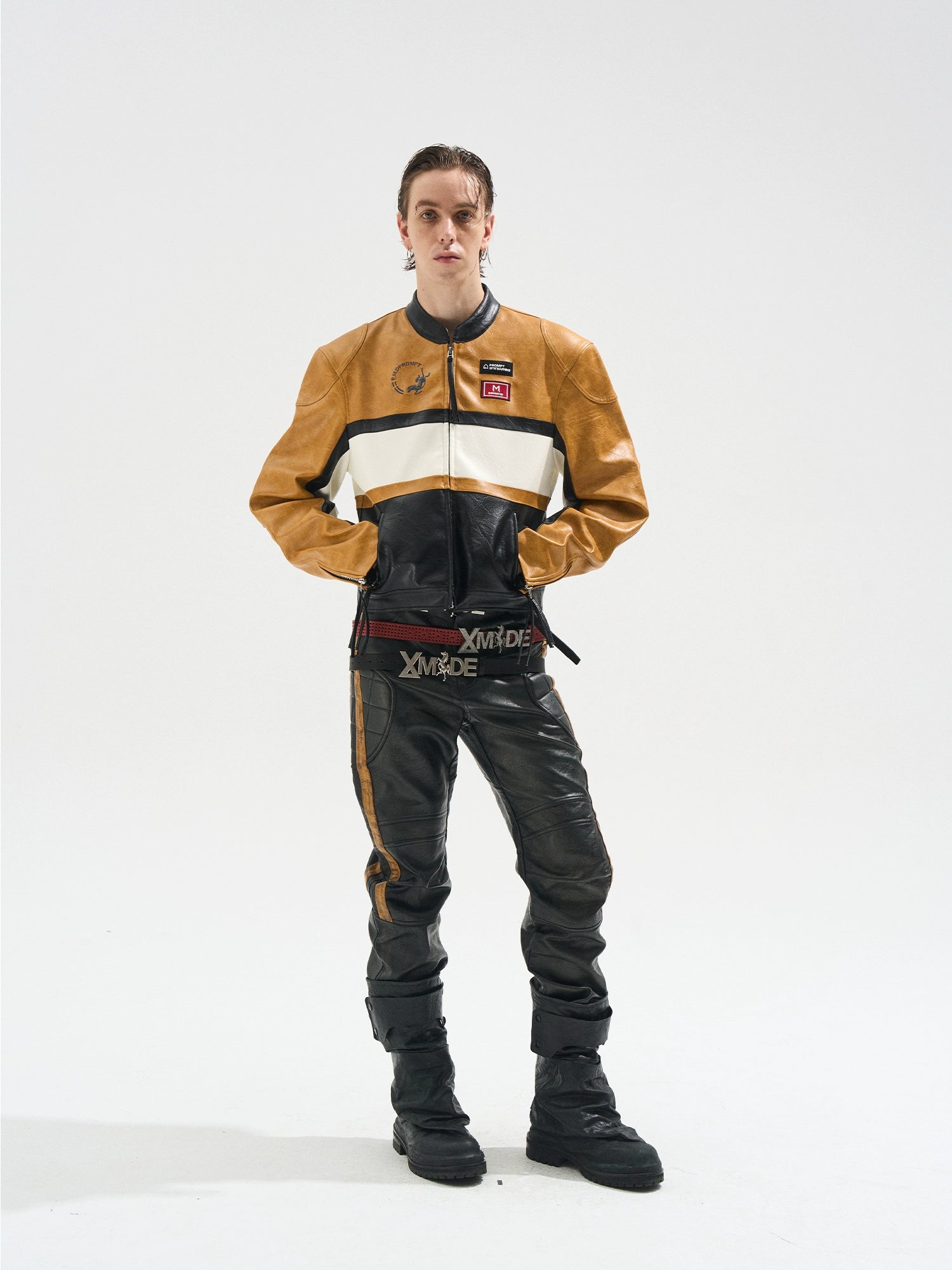 Color-Blocked Cropped Leather Sports Jacket