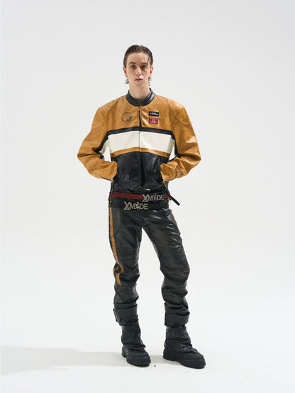Color-Blocked Cropped Leather Sports Jacket