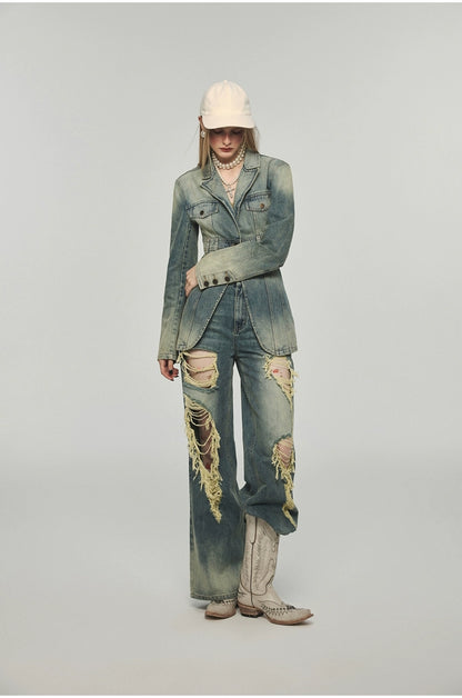 Denim Distressed Wide-Leg Pants - CHINASQUAD