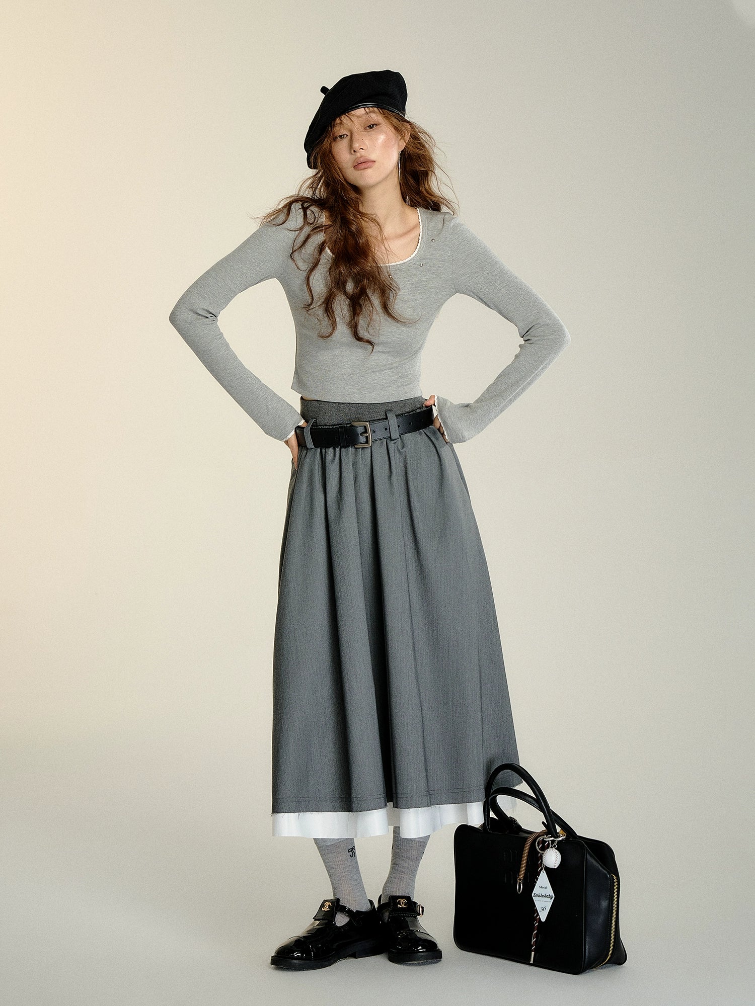 Gray Faux Two-piece Blazer &amp; Skirt Set