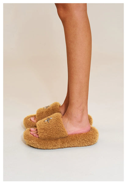 Compass Shearling Slide Sculpted Cross Emblem Sandals