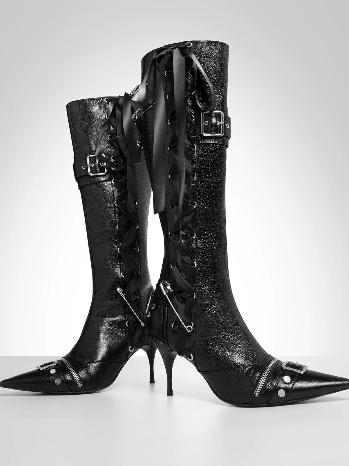 Cracked Leather High-Heel Tall Boots