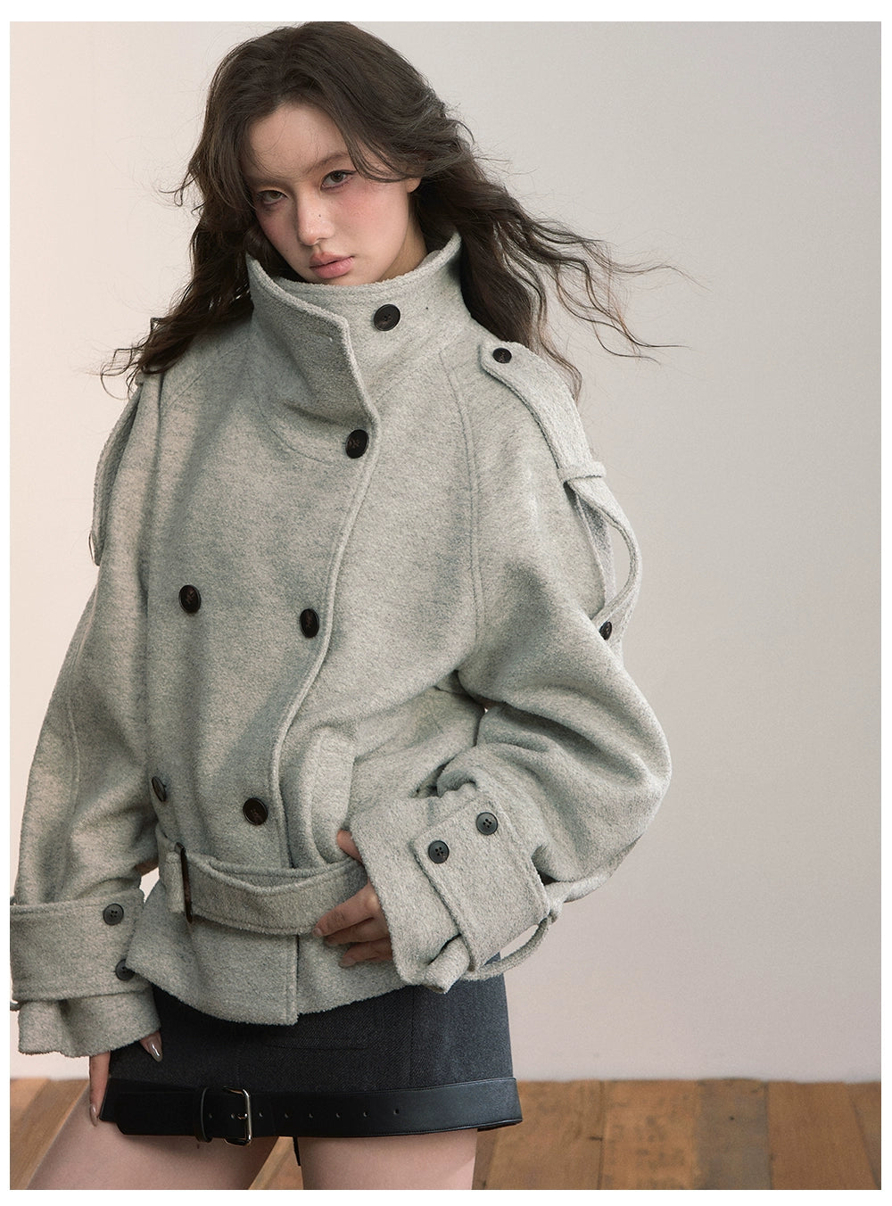 Contrast Double-Breasted Wool-Blend Belted Jacket