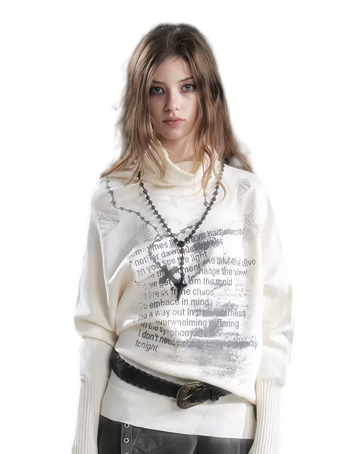 Cest Nous Asymmetric Graffiti Knit Sweater – Beige (Pre-order)